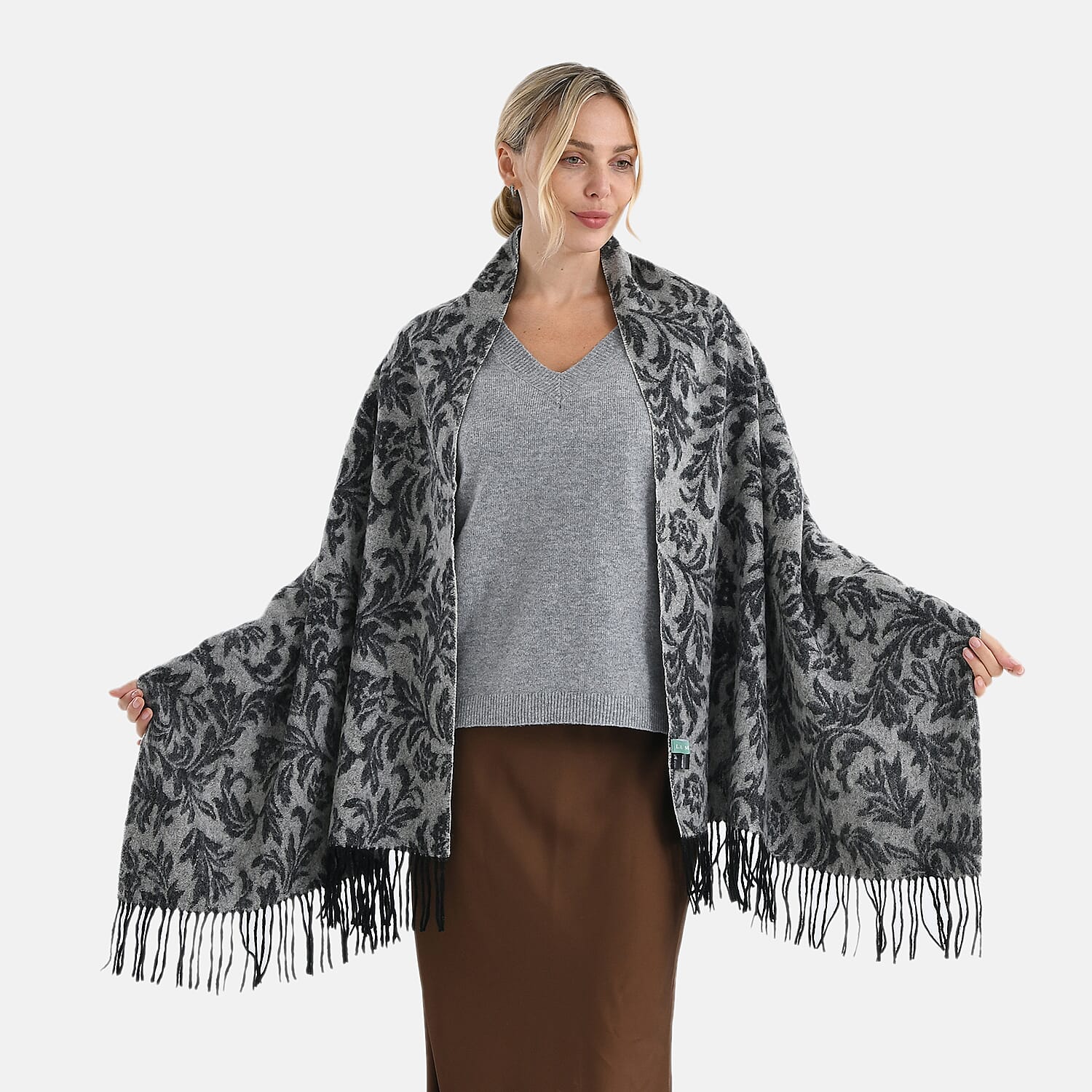 LA MAREY 100% Merino Wool Abstract Print Scarf with Tassel (180 x 70 cm) - Grey