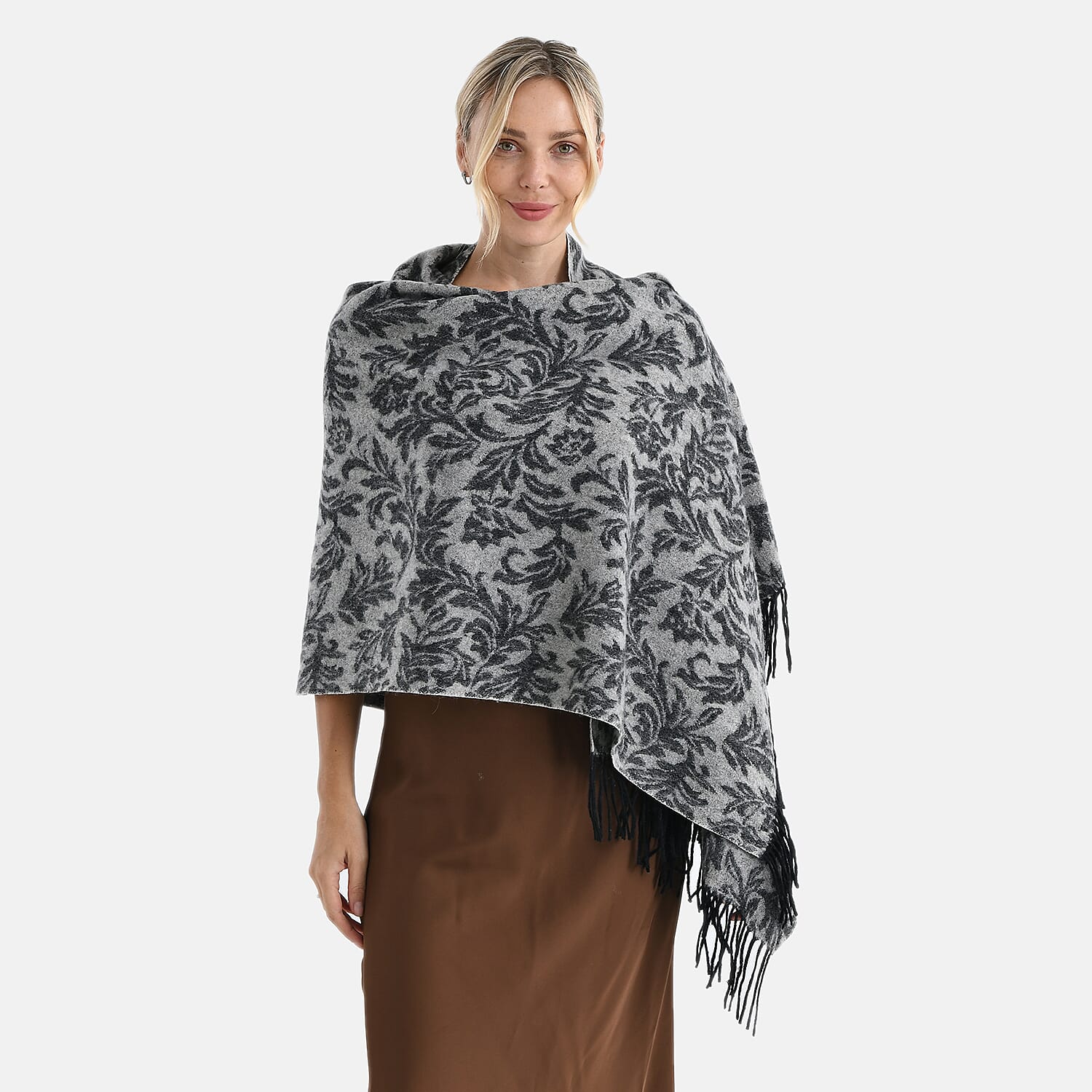 LA MAREY 100% Merino Wool Abstract Print Scarf with Tassel (180 x 70 cm) - Grey