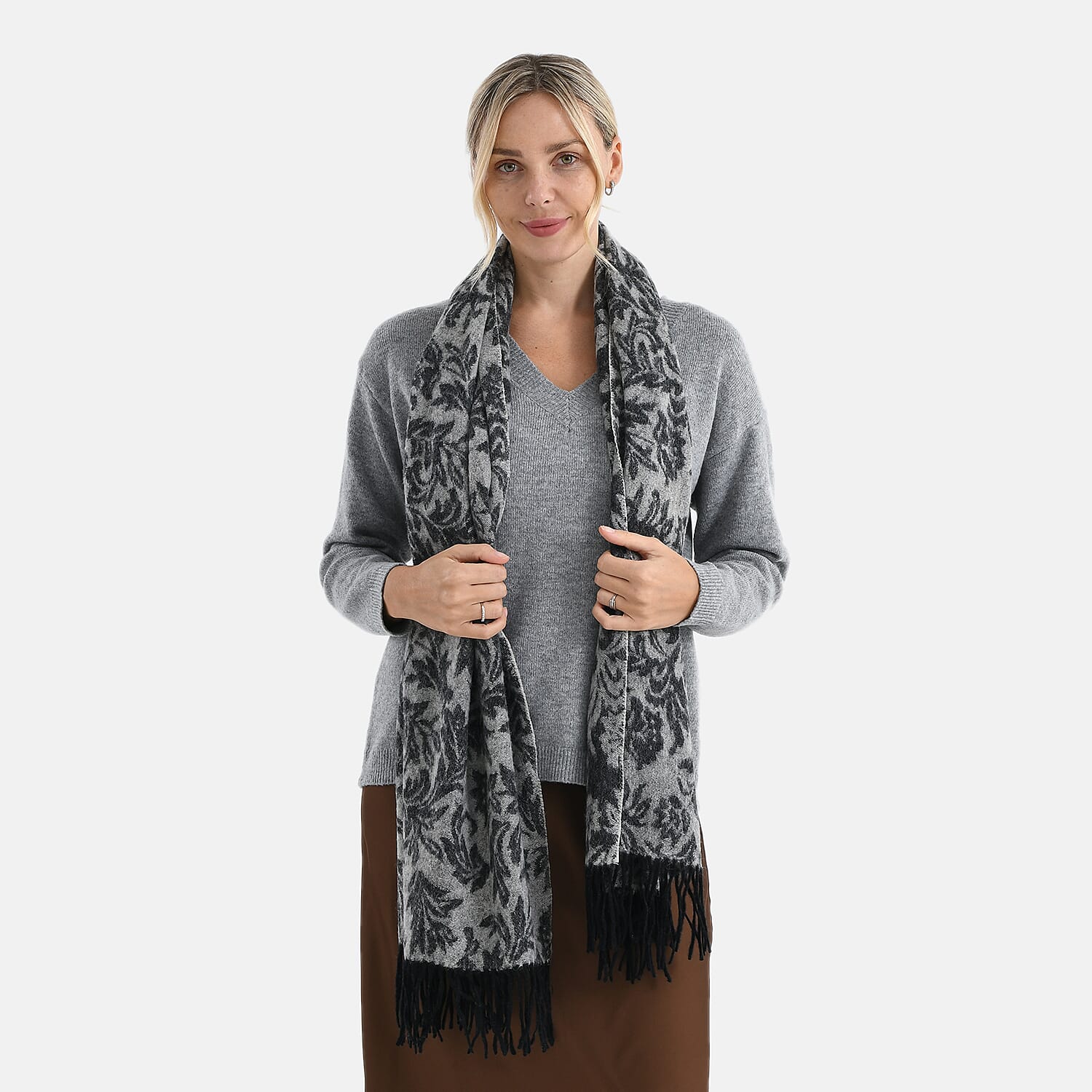 LA MAREY 100% Merino Wool Abstract Print Scarf with Tassel (180 x 70 cm) - Grey