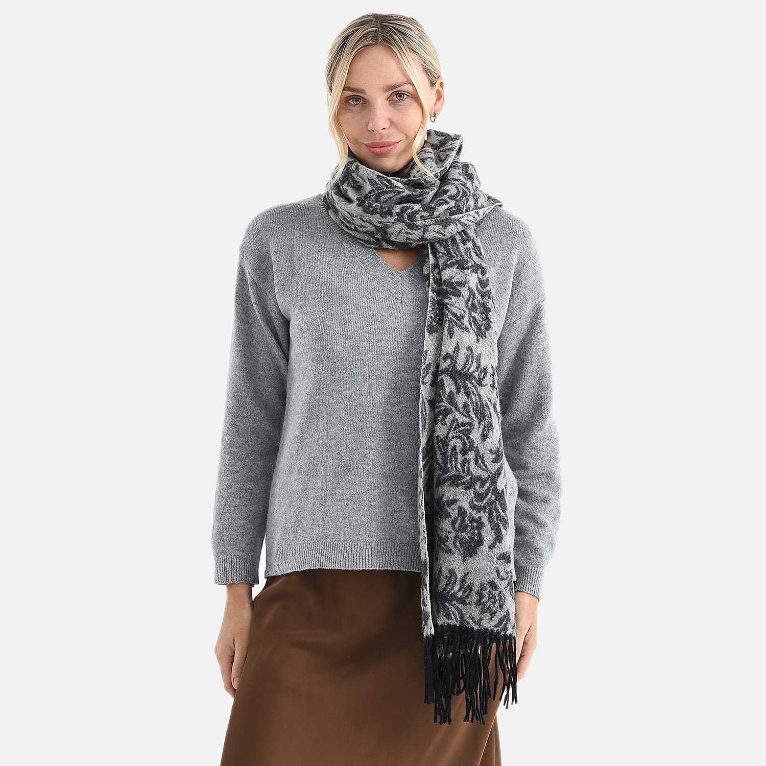 LA MAREY 100% Merino Wool Abstract Print Scarf with Tassel (180 x 70 cm) - Grey