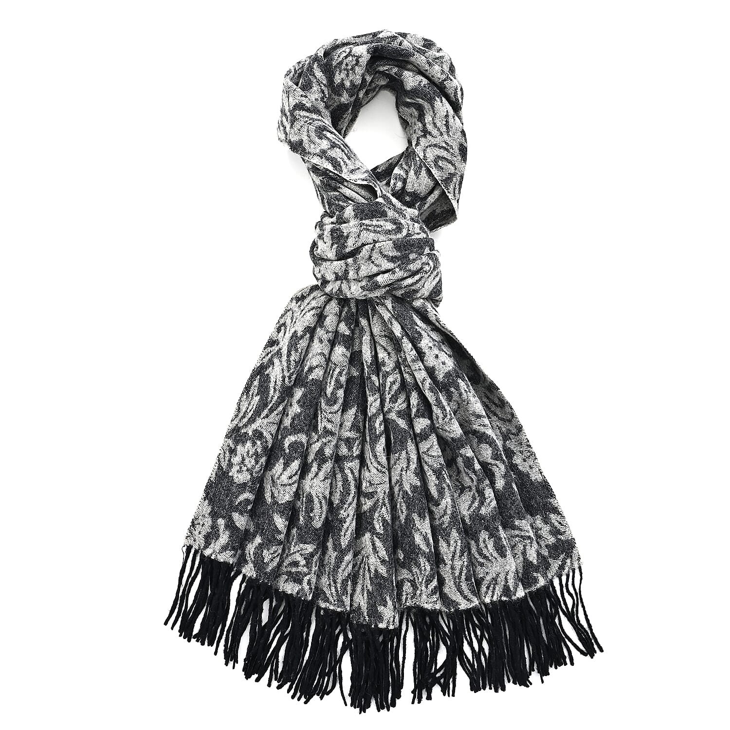 LA MAREY 100% Merino Wool Abstract Print Scarf with Tassel (180 x 70 cm) - Grey