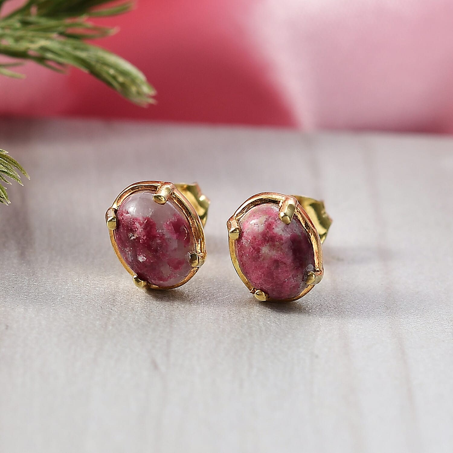Natural Thulite Earring with Push Back in Yellow Gold Plated Sterling Silver