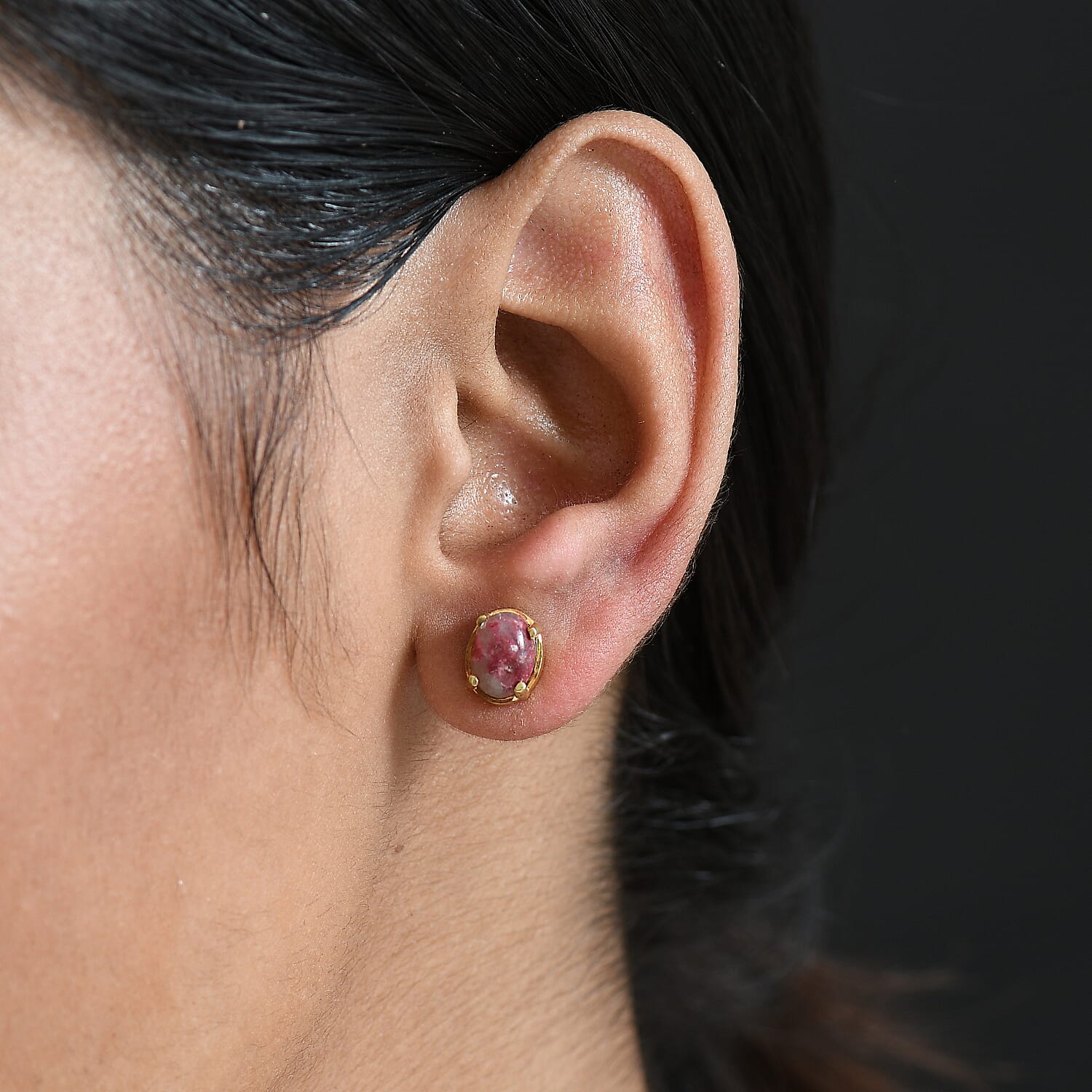 Natural Thulite Earring with Push Back in Yellow Gold Plated Sterling Silver