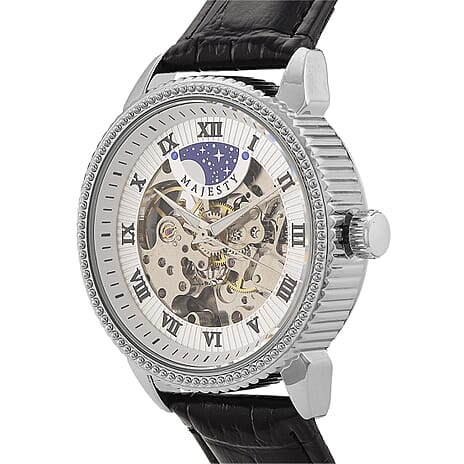 Majesty Automatic Mechanical Movement 3ATM Water Resistant White Hollow Hydraulic Dial Watch with Black Leather Strap