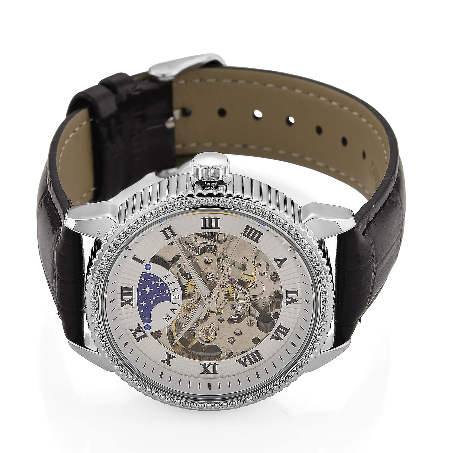 Majesty Automatic Mechanical Movement 3ATM Water Resistant White Hollow Hydraulic Dial Watch with Black Leather Strap