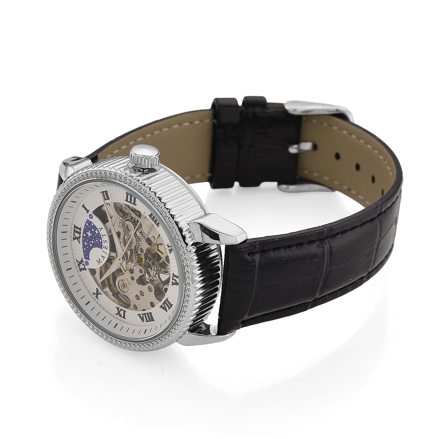 Majesty Automatic Mechanical Movement 3ATM Water Resistant White Hollow Hydraulic Dial Watch with Black Leather Strap