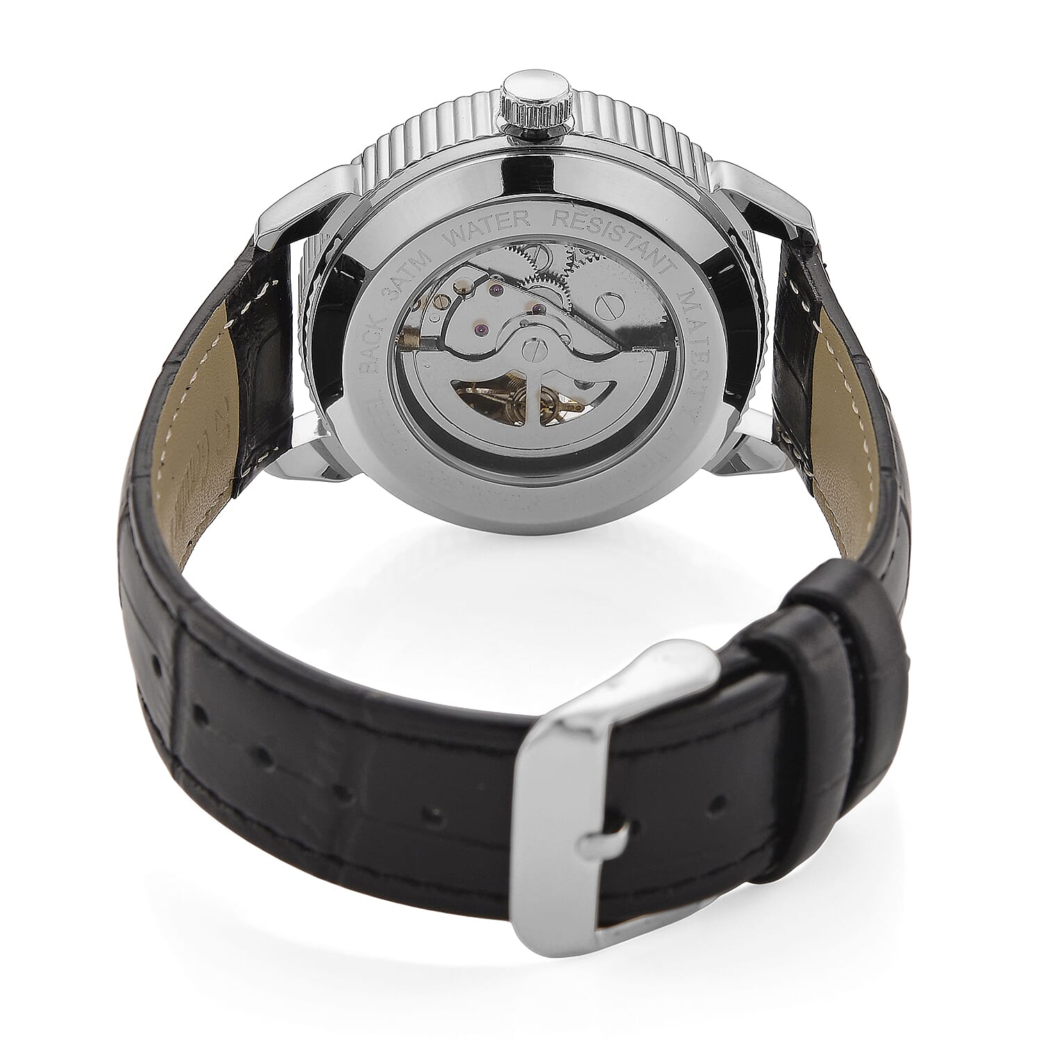 Majesty Automatic Mechanical Movement 3ATM Water Resistant White Hollow Hydraulic Dial Watch with Black Leather Strap