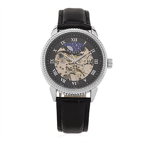 Majesty Automatic Mechanical Movement 3ATM Water Resistant Black Hollow Hydraulic Dial Watch with Black Leather Strap