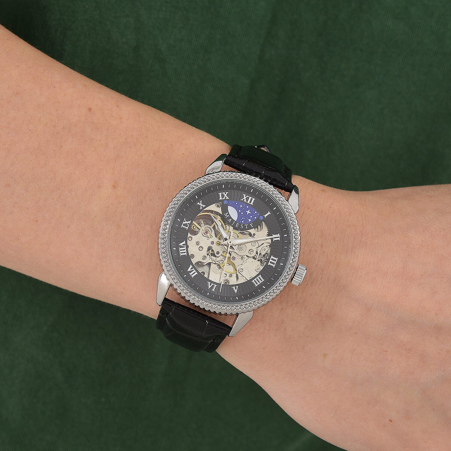 Majesty Automatic Mechanical Movement 3ATM Water Resistant Black Hollow Hydraulic Dial Watch with Black Leather Strap