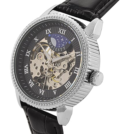 Majesty Automatic Mechanical Movement 3ATM Water Resistant Black Hollow Hydraulic Dial Watch with Black Leather Strap