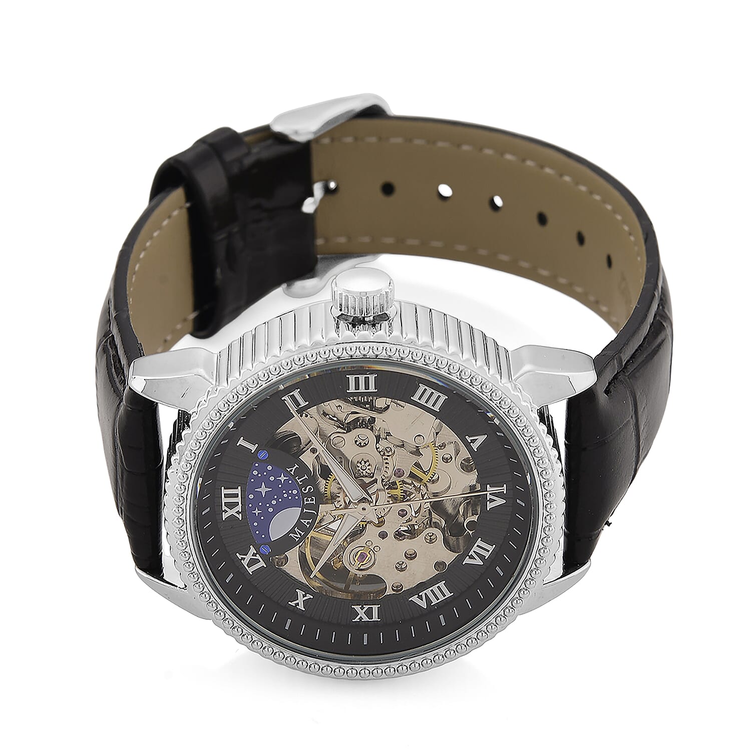 Majesty Automatic Mechanical Movement 3ATM Water Resistant Black Hollow Hydraulic Dial Watch with Black Leather Strap