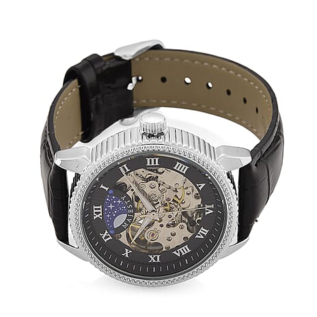 Majesty Automatic Mechanical Movement 3ATM Water Resistant Black Hollow Hydraulic Dial Watch with Black Leather Strap