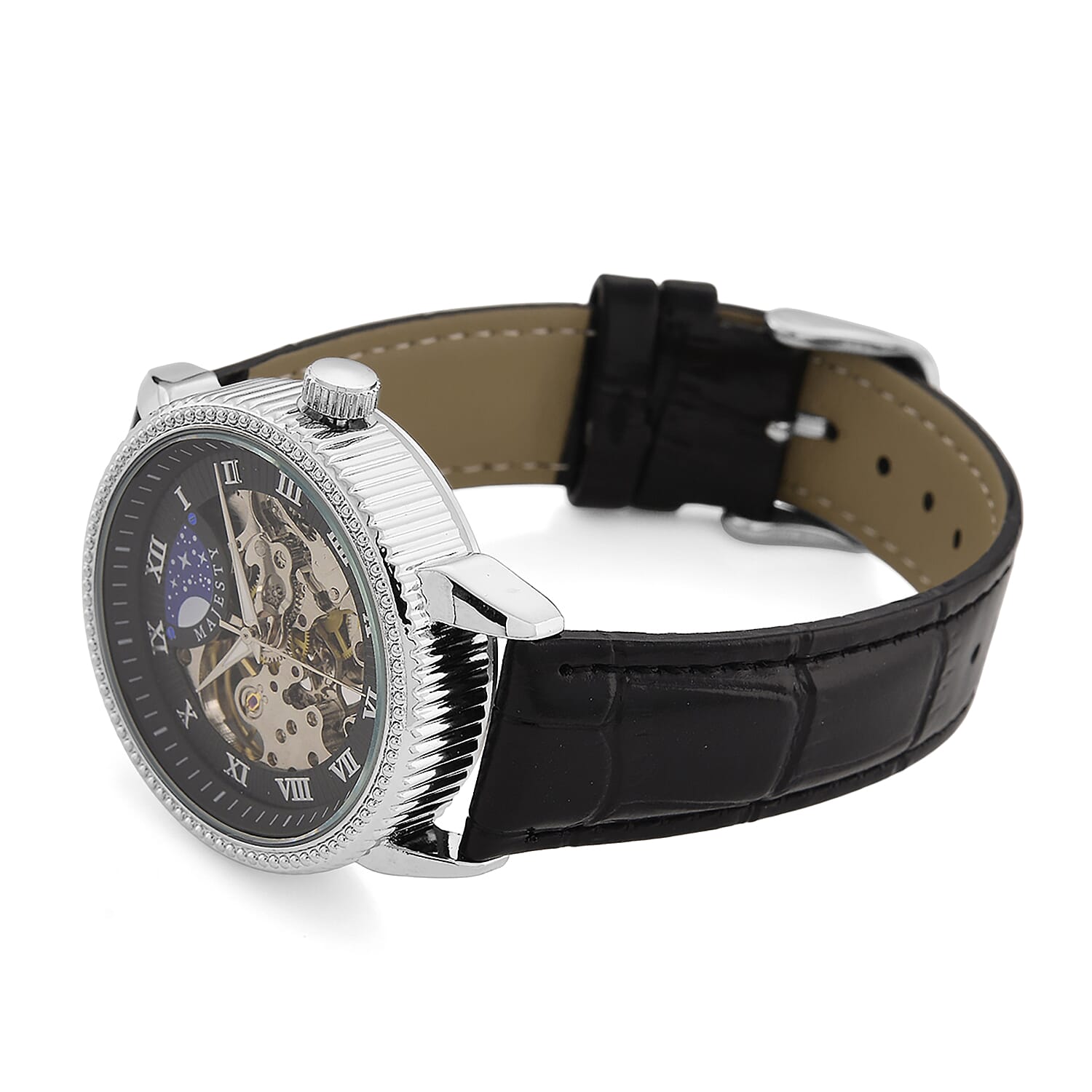 Majesty Automatic Mechanical Movement 3ATM Water Resistant Black Hollow Hydraulic Dial Watch with Black Leather Strap