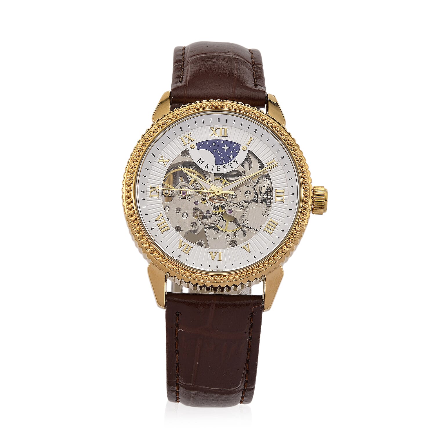 Majesty Automatic Mechanical Movement 3ATM Water Resistant White Hollow Hydraulic Dial Watch with Brown Leather Strap