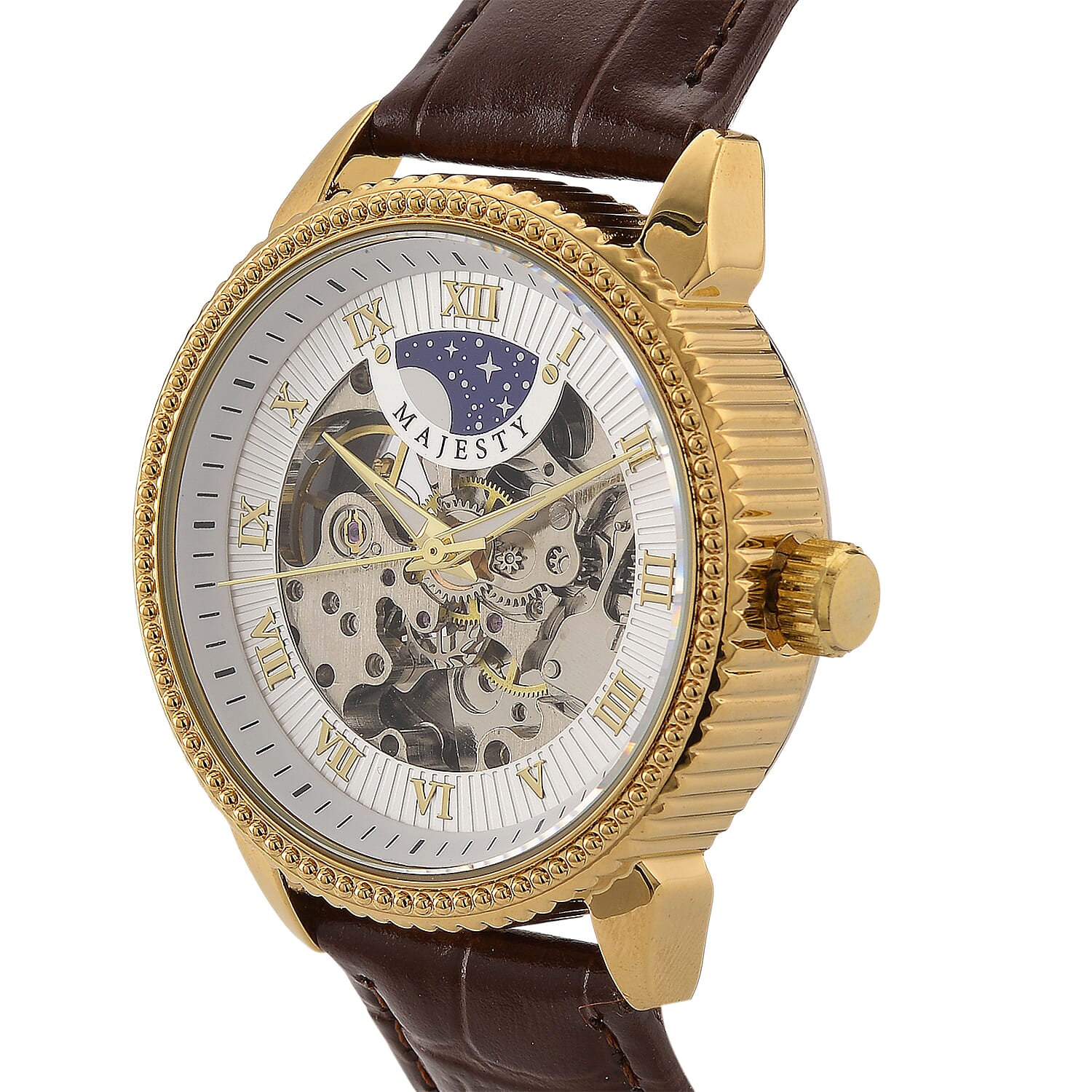 Majesty Automatic Mechanical Movement 3ATM Water Resistant White Hollow Hydraulic Dial Watch with Brown Leather Strap