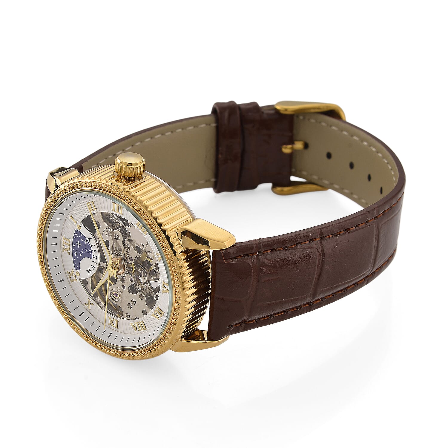Majesty Automatic Mechanical Movement 3ATM Water Resistant White Hollow Hydraulic Dial Watch with Brown Leather Strap