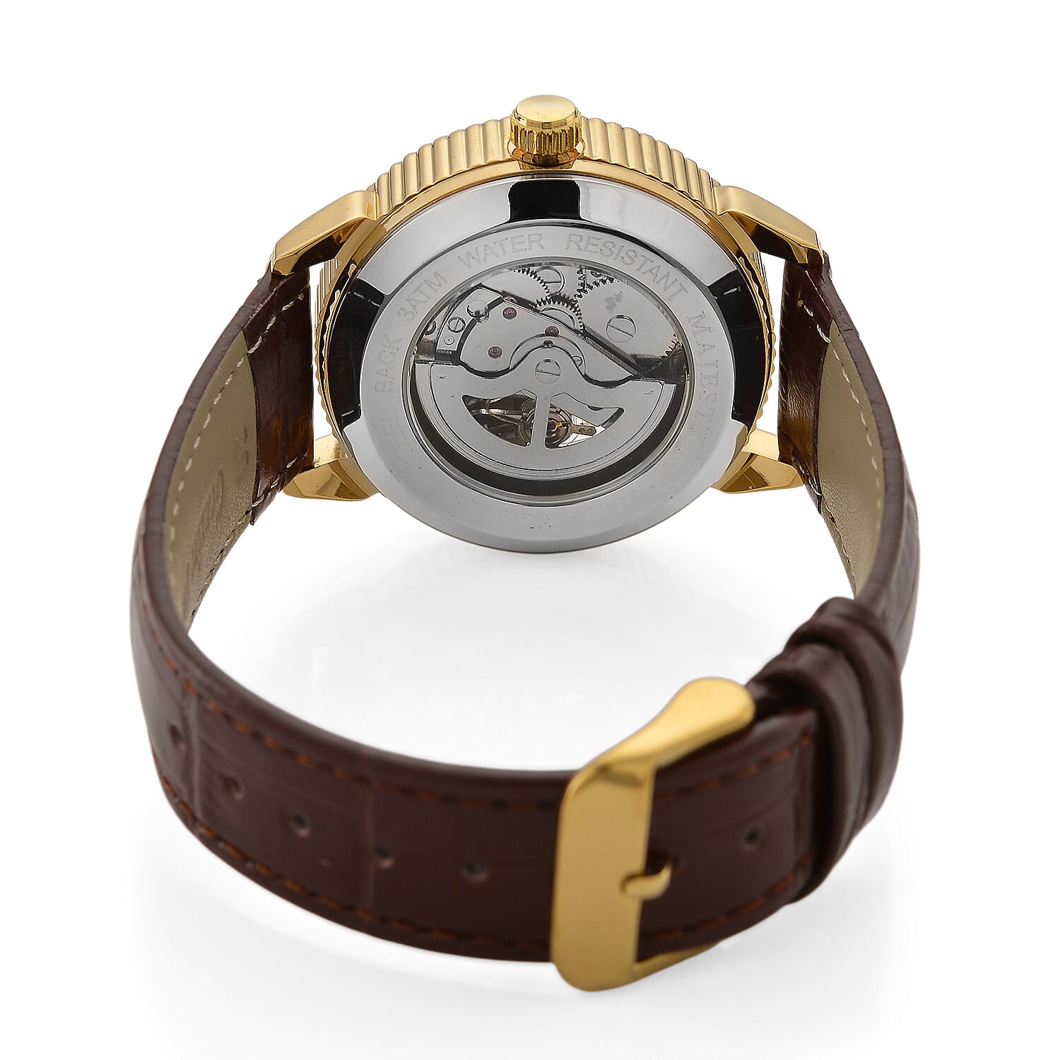 Majesty Automatic Mechanical Movement 3ATM Water Resistant White Hollow Hydraulic Dial Watch with Brown Leather Strap