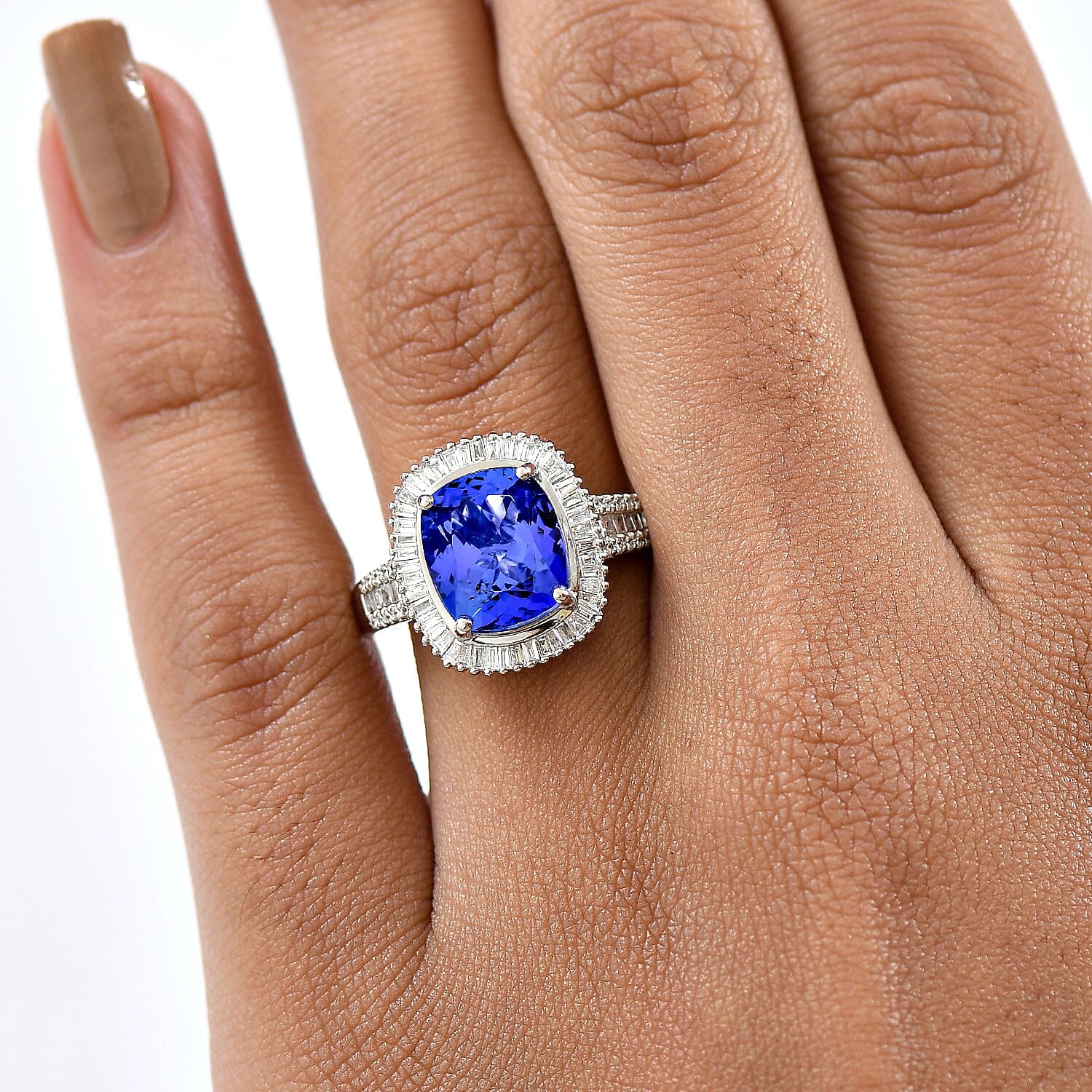 Rhapsody 950 Platinum Cushion Cut AAAA Tanzanite & Natural Diamond (VS-EF) Ring 4.98 Ct, Platinum Wt. 7.15 Gms.