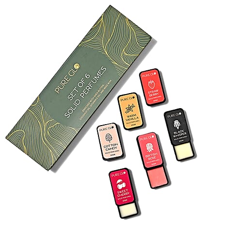 PURE GLO - Set of 6 Perfume Balms - Rose, Vanilla, Cotton Candy, Cherry, Strawberry - Black Whisper (10g Each)