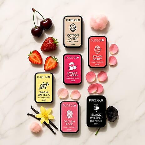 PURE GLO - Set of 6 Perfume Balms - Rose, Vanilla, Cotton Candy, Cherry, Strawberry - Black Whisper (10g Each)