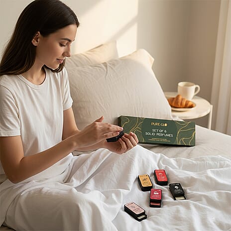 PURE GLO - Set of 6 Perfume Balms - Rose, Vanilla, Cotton Candy, Cherry, Strawberry - Black Whisper (10g Each)