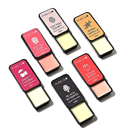 PURE GLO - Set of 6 Perfume Balms - Rose, Vanilla, Cotton Candy, Cherry, Strawberry - Black Whisper (10g Each)