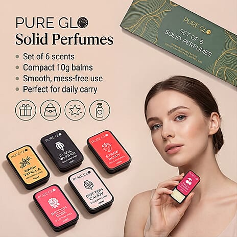 PURE GLO - Set of 6 Perfume Balms - Rose, Vanilla, Cotton Candy, Cherry, Strawberry - Black Whisper (10g Each)