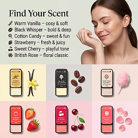 PURE GLO - Set of 6 Perfume Balms - Rose, Vanilla, Cotton Candy, Cherry, Strawberry - Black Whisper (10g Each)