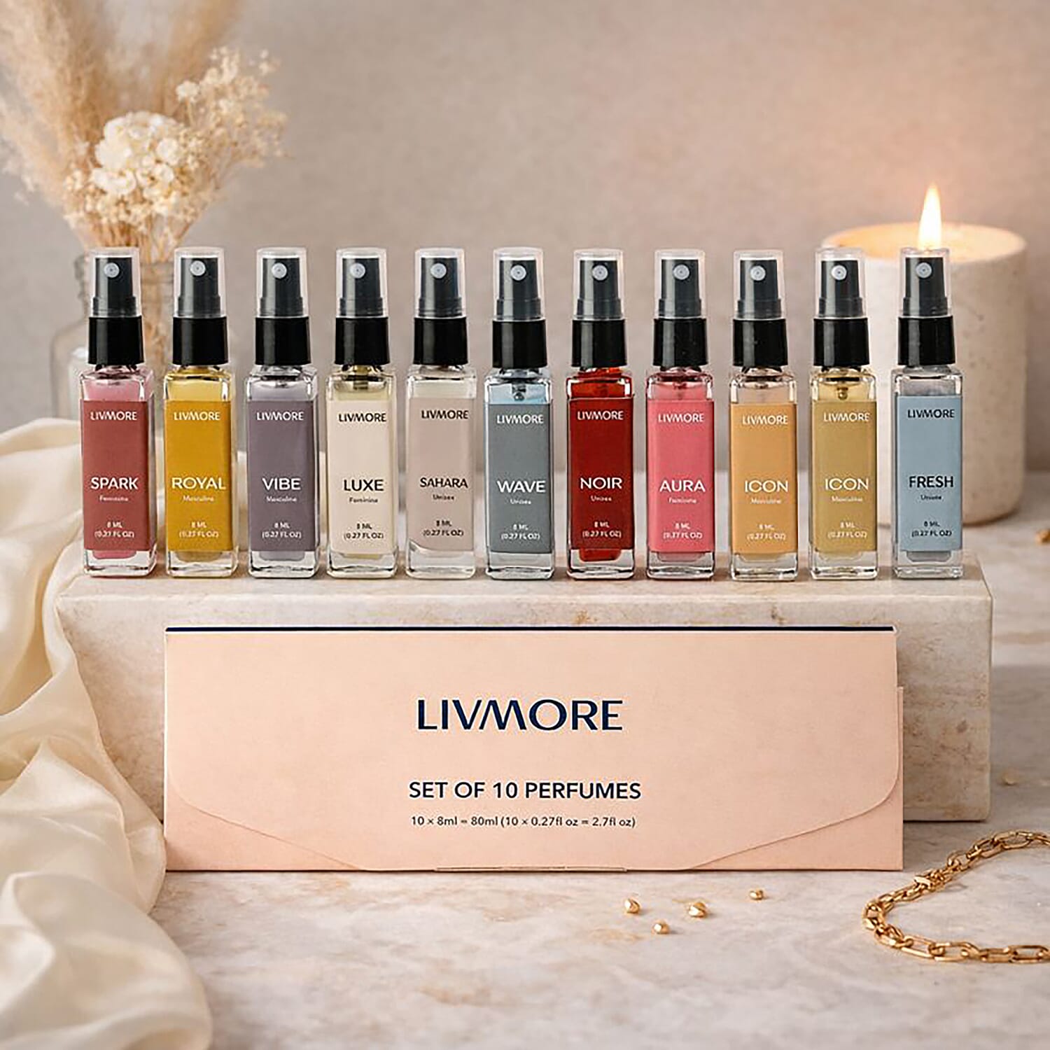 LIVMORE Set of 10  Unisex Perfumes  - 10 x 8ML