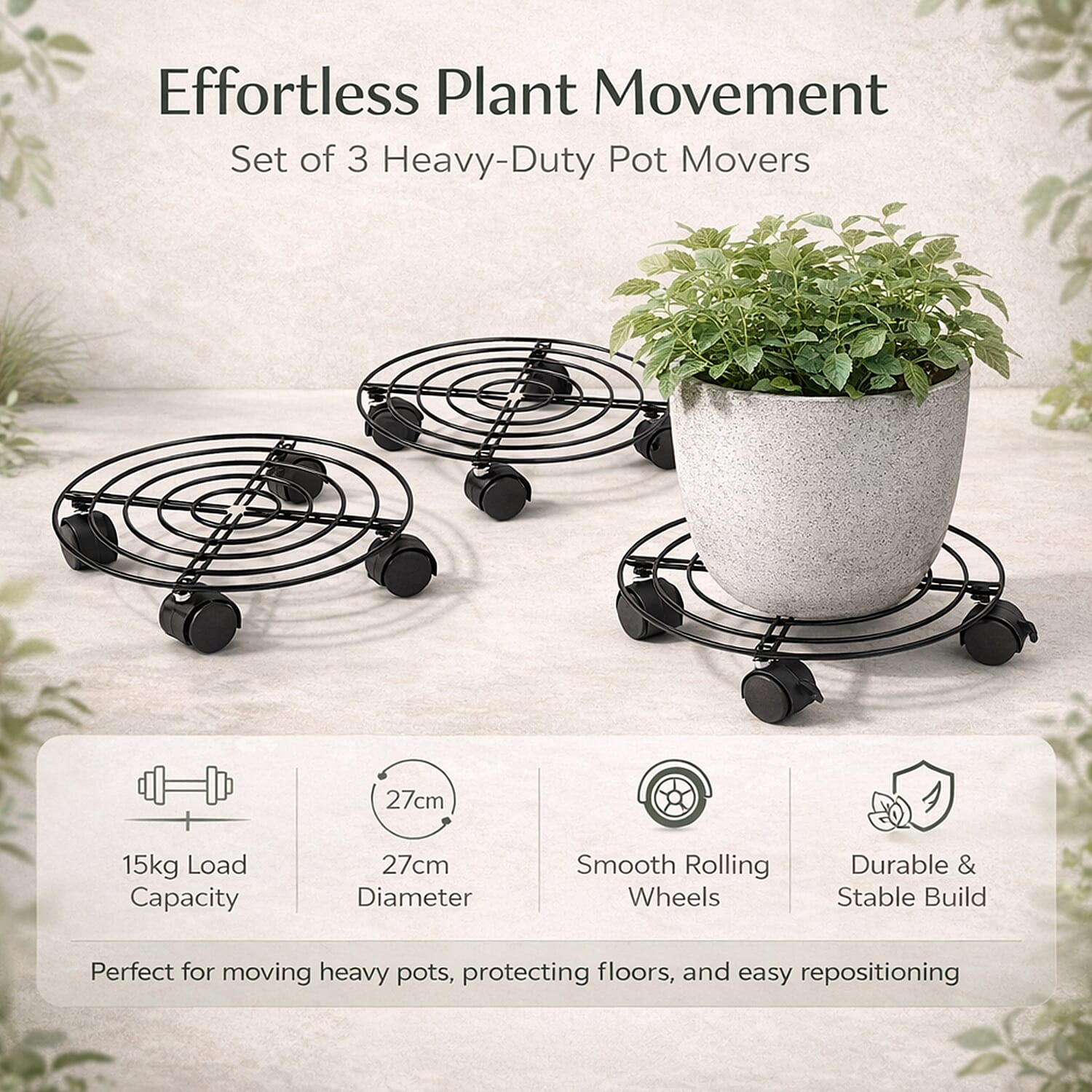 LIVMORE Plant Pot Mover - Set of 3 (Max Weight 15kg-27cm Diameter)