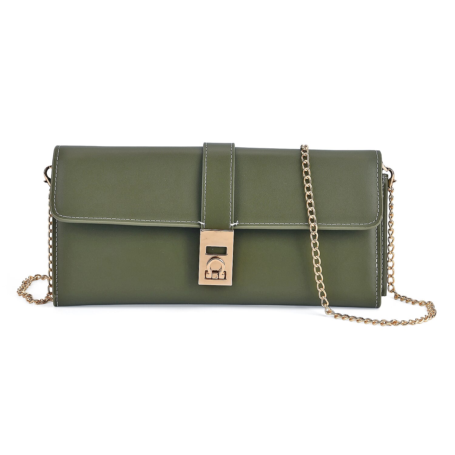 Genuine Leather RFID Blocking Travel Clutch with Chain Strap - Olive Green