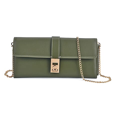 Genuine Leather RFID Blocking Travel Clutch with Chain Strap - Olive Green