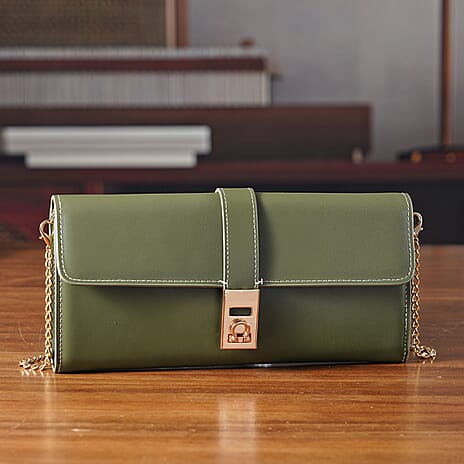 Genuine Leather RFID Blocking Travel Clutch with Chain Strap - Olive Green