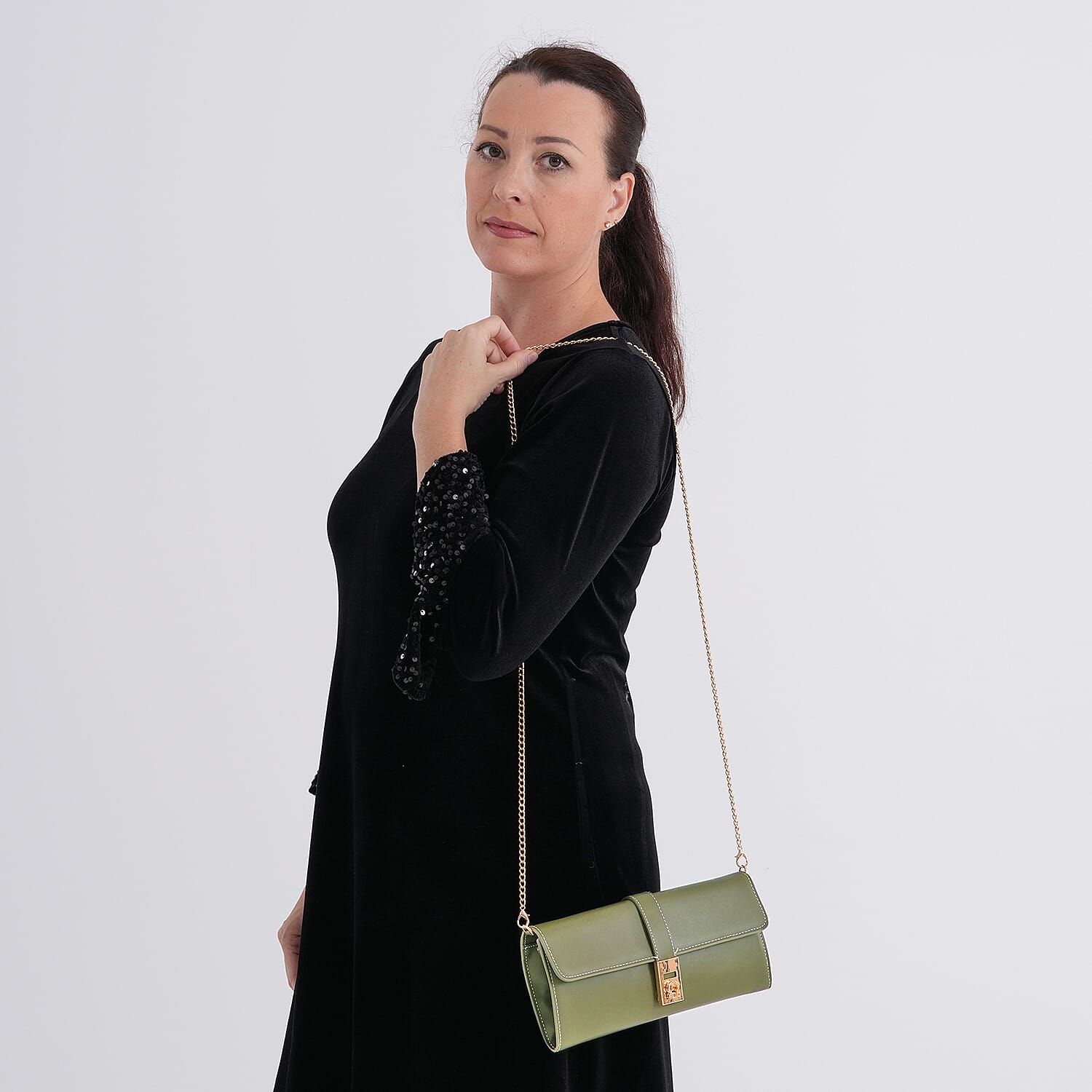 Genuine Leather RFID Blocking Travel Clutch with Chain Strap - Olive Green