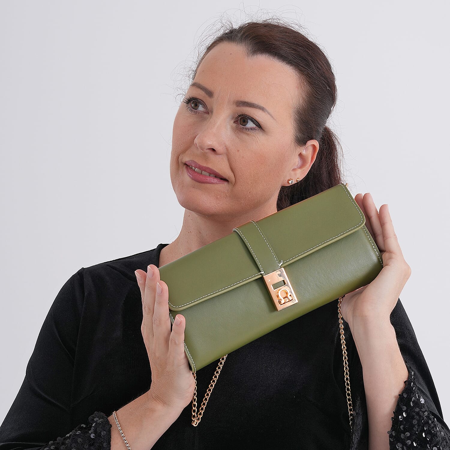 Genuine Leather RFID Blocking Travel Clutch with Chain Strap - Olive Green
