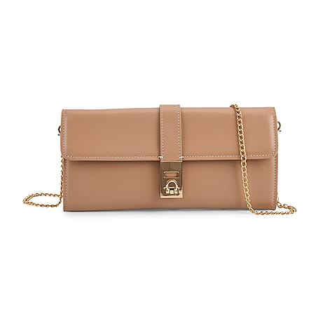 Genuine Leather RFID Blocking Travel Clutch with Chain Strap - Nude Brown