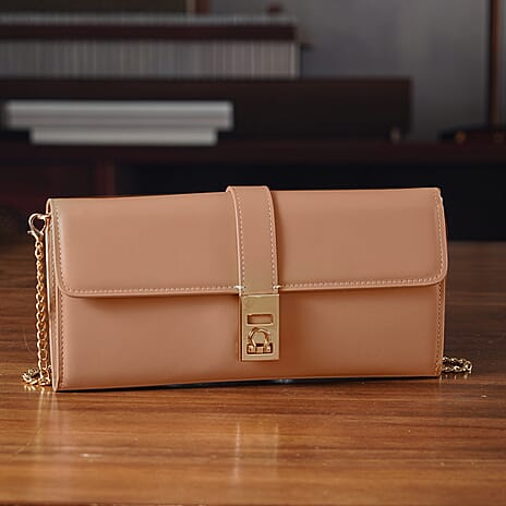 Genuine Leather RFID Blocking Travel Clutch with Chain Strap - Nude Brown