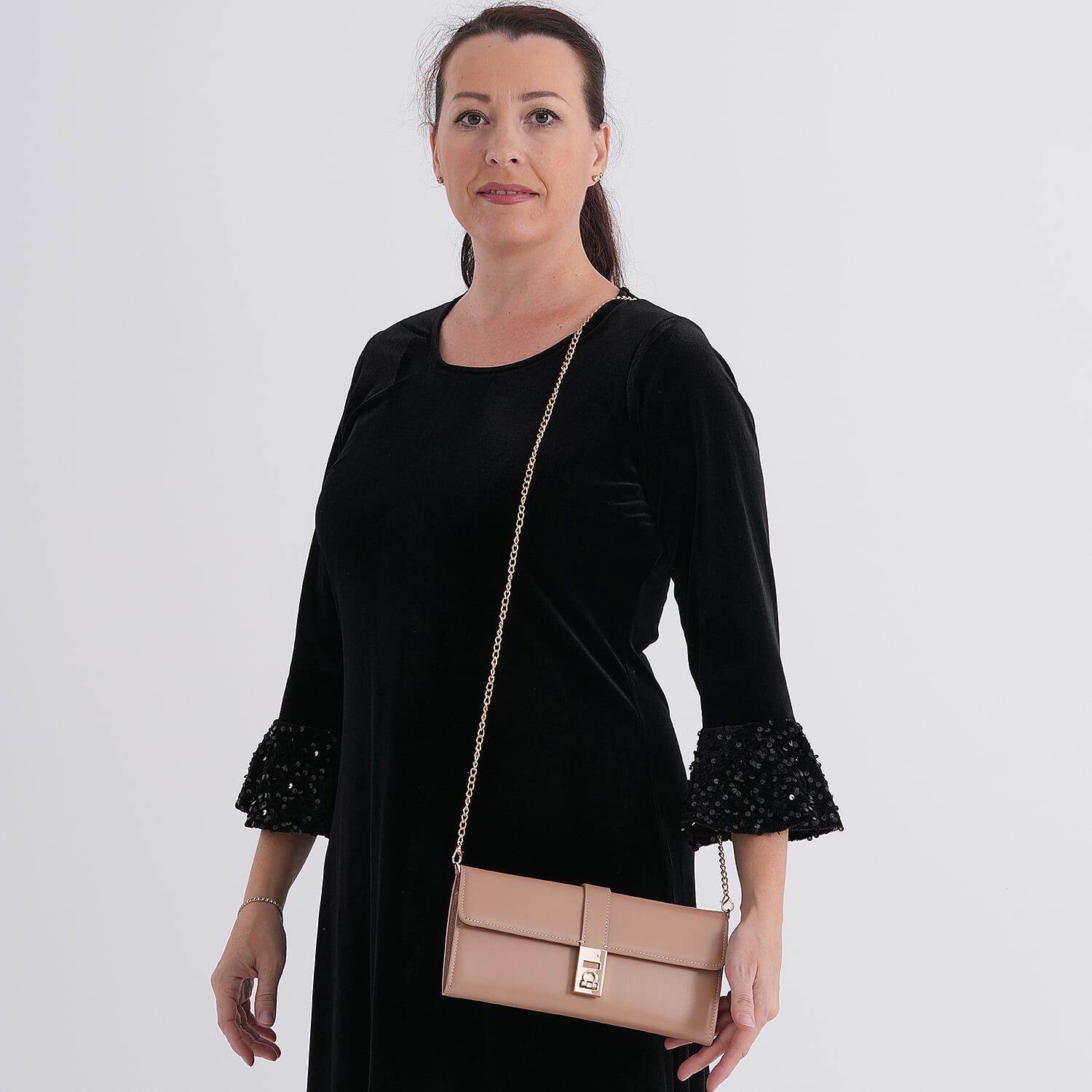 Genuine Leather RFID Blocking Travel Clutch with Chain Strap - Nude Brown