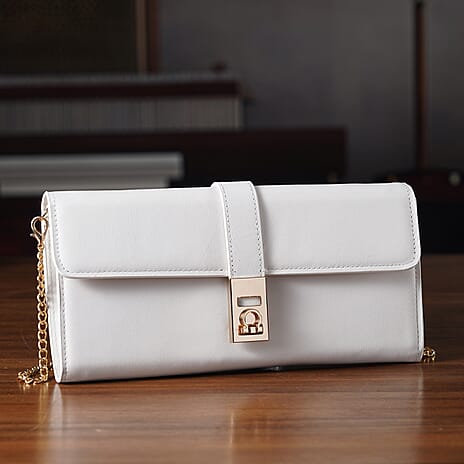 Genuine Leather RFID Blocking Travel Clutch with Chain Strap - White