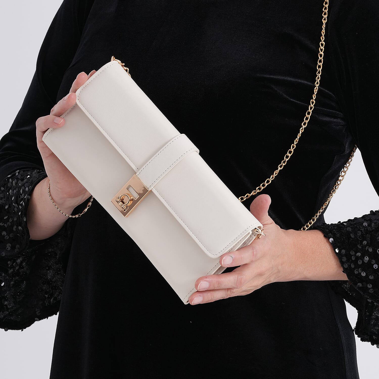 Genuine Leather RFID Blocking Travel Clutch with Chain Strap - White