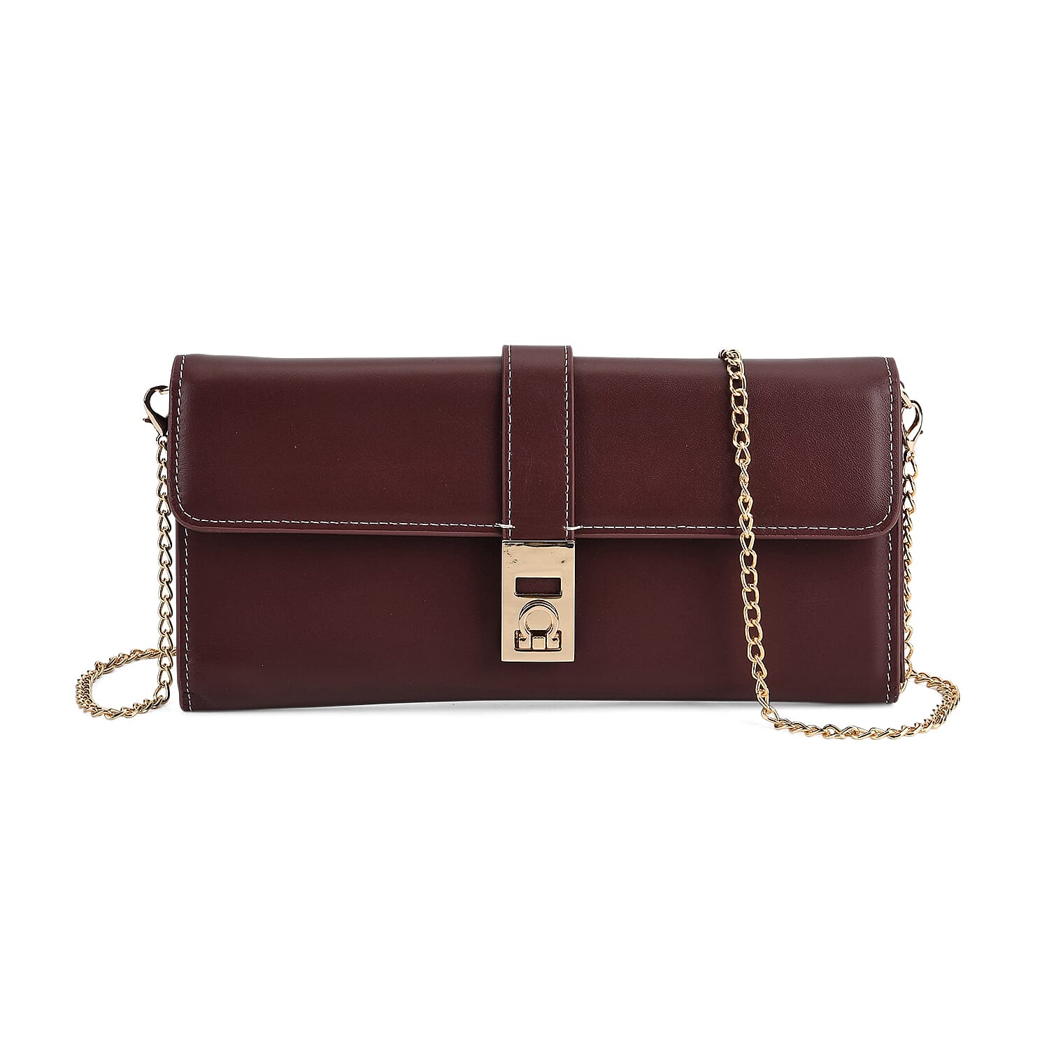 Genuine Leather RFID Blocking Travel Clutch with Chain Strap - Burgundy