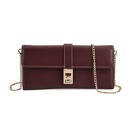 Genuine Leather RFID Blocking Travel Clutch with Chain Strap - Burgundy