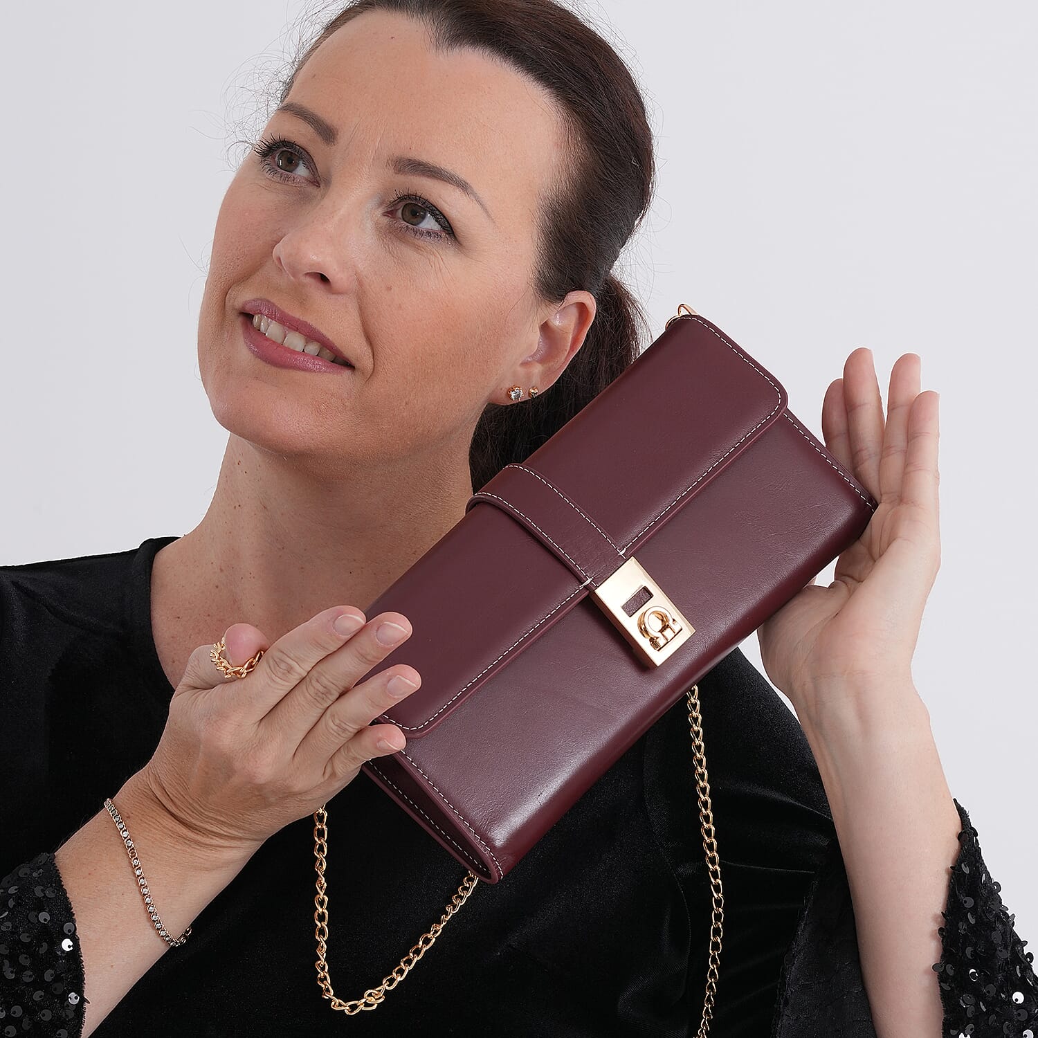 Genuine Leather RFID Blocking Travel Clutch with Chain Strap - Burgundy