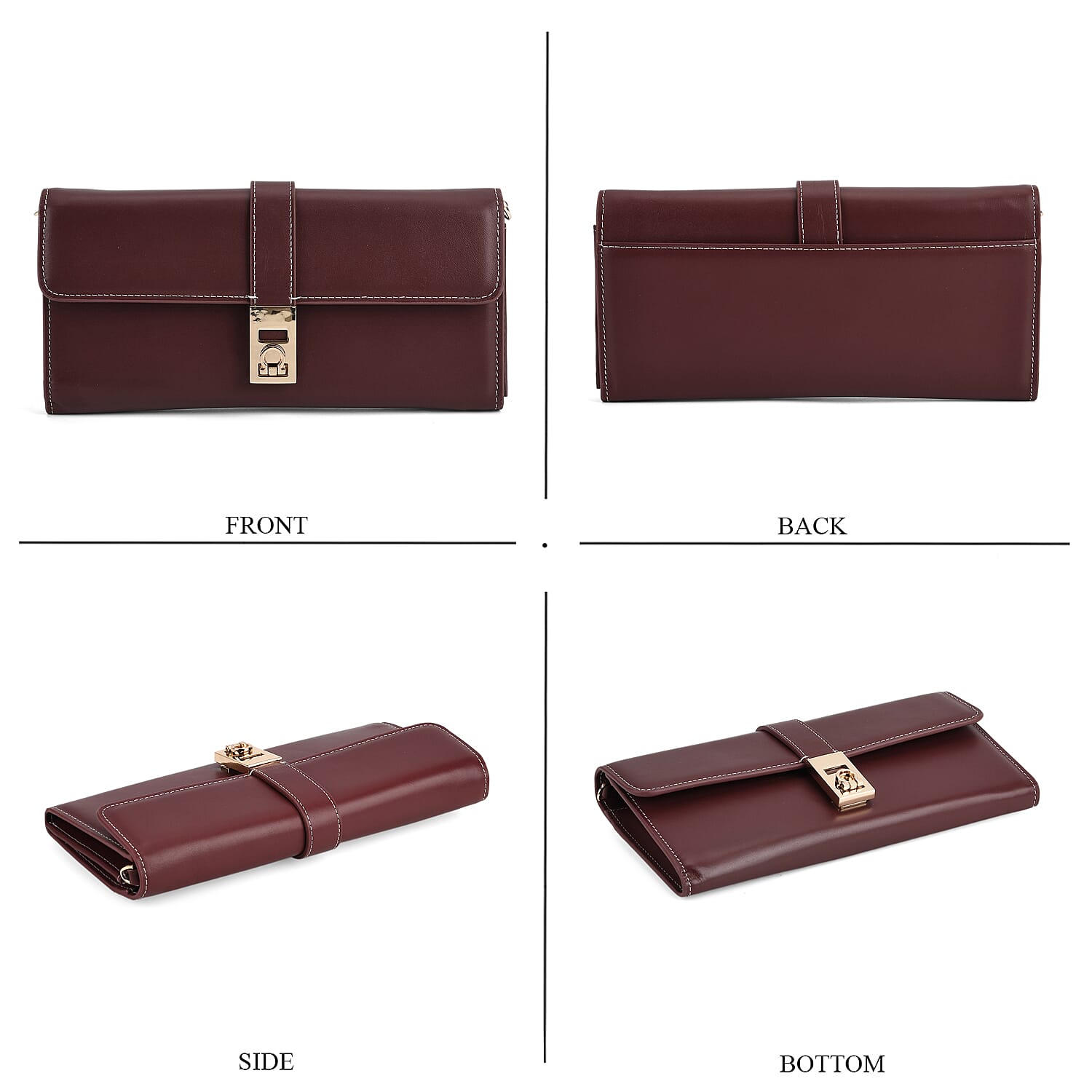 Genuine Leather RFID Blocking Travel Clutch with Chain Strap - Burgundy