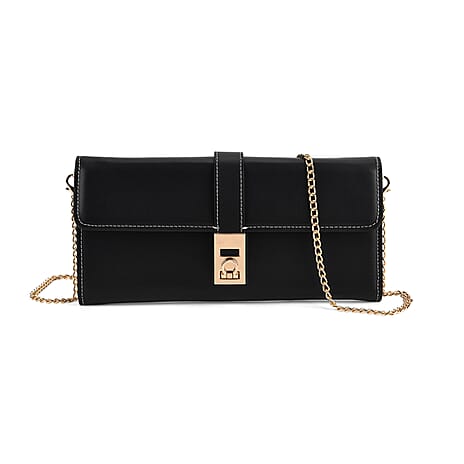 Genuine Leather RFID Blocking Travel Clutch with Chain Strap - Black