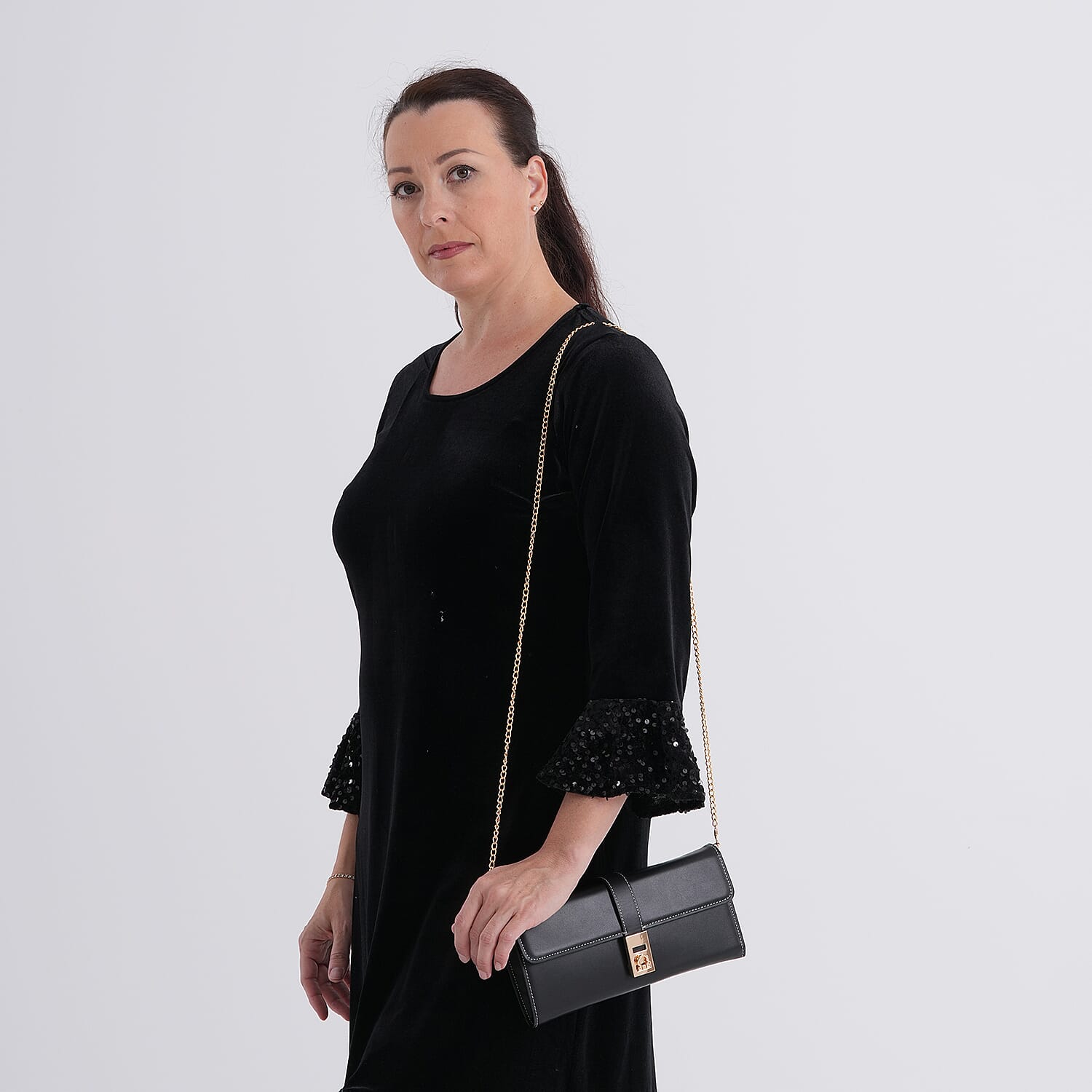 Genuine Leather RFID Blocking Travel Clutch with Chain Strap - Black