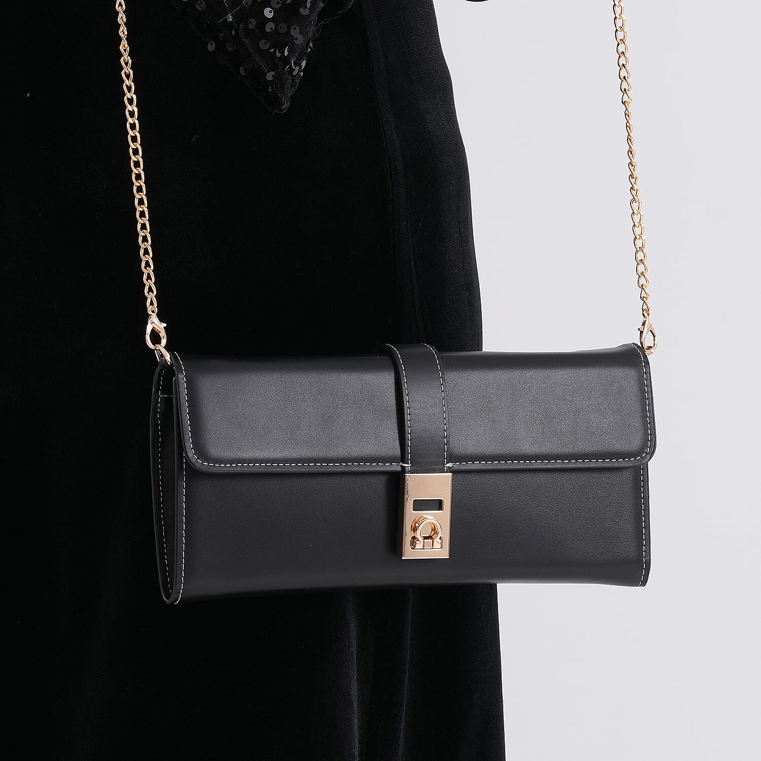 Genuine Leather RFID Blocking Travel Clutch with Chain Strap - Black