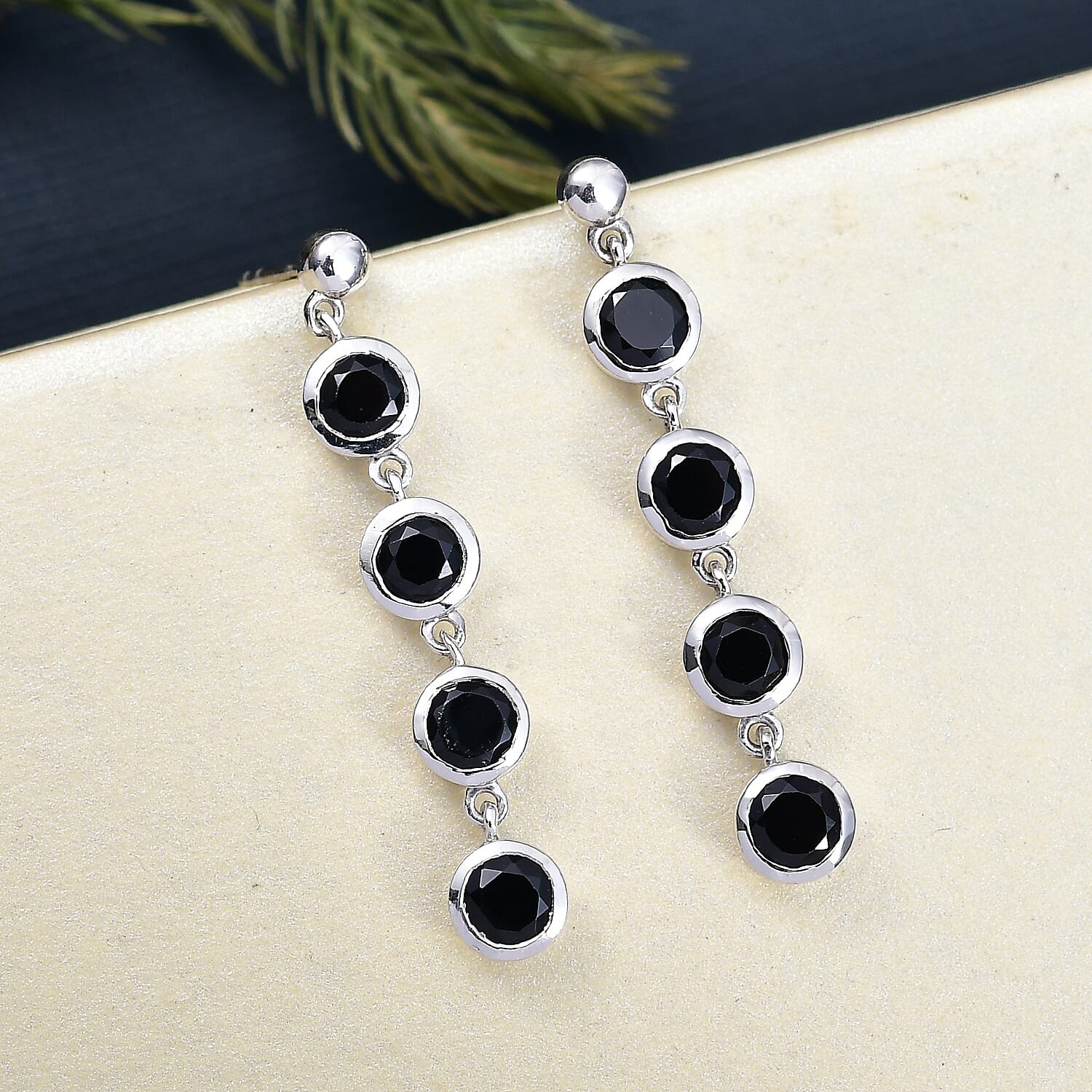 D'Joy Natural Thai Black Spinel Dangling Earring in Platinum Overlay Sterling Silver 4.60 Ct.