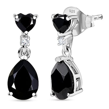 D'Joy Natural Thai Black Spinel & White Zircon Dangling Earring in Platinum Overlay Sterling Silver 4.84 Ct.