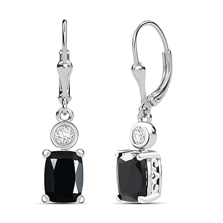 D'Joy Natural Thai Black Spinel & White Zircon Solitaire Lever Back Earring in Platinum Overlay Sterling Silver 4.45 Ct.